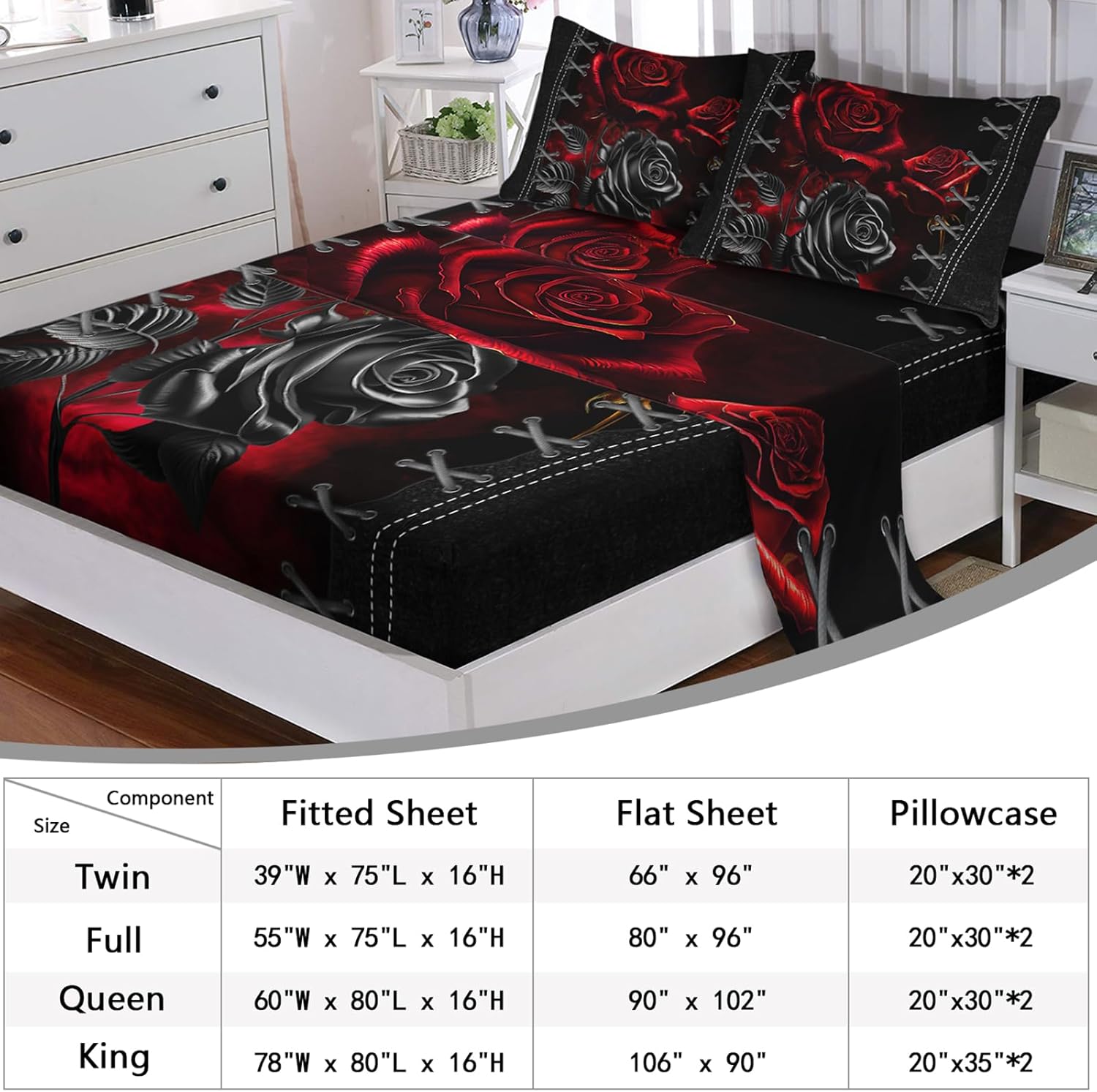 AILONEN Red and Black Rose Fitted Sheets Set King Size, 4-Piece 3D Floral Bedding Print Fitted Sheets & Flat Sheet,2 Pillowcases for Room Decor