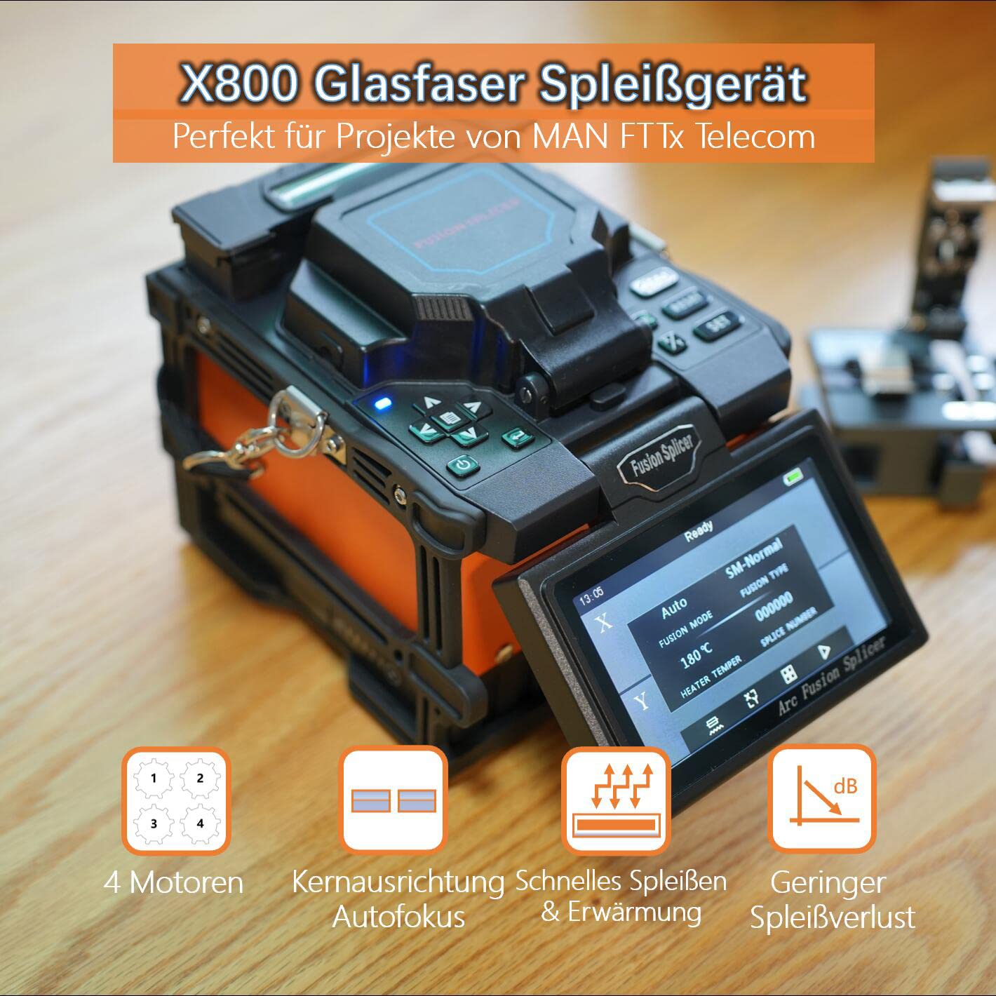 Fusion Splicer Glasfaser Spleißgerät X800 mit Kern zu Kern Ausrichtung für MAN Telekommunikation FTTx Projekte LWL Spleißgerät Automatisches schnelles Spleißen und Heizung mit großer Batterie