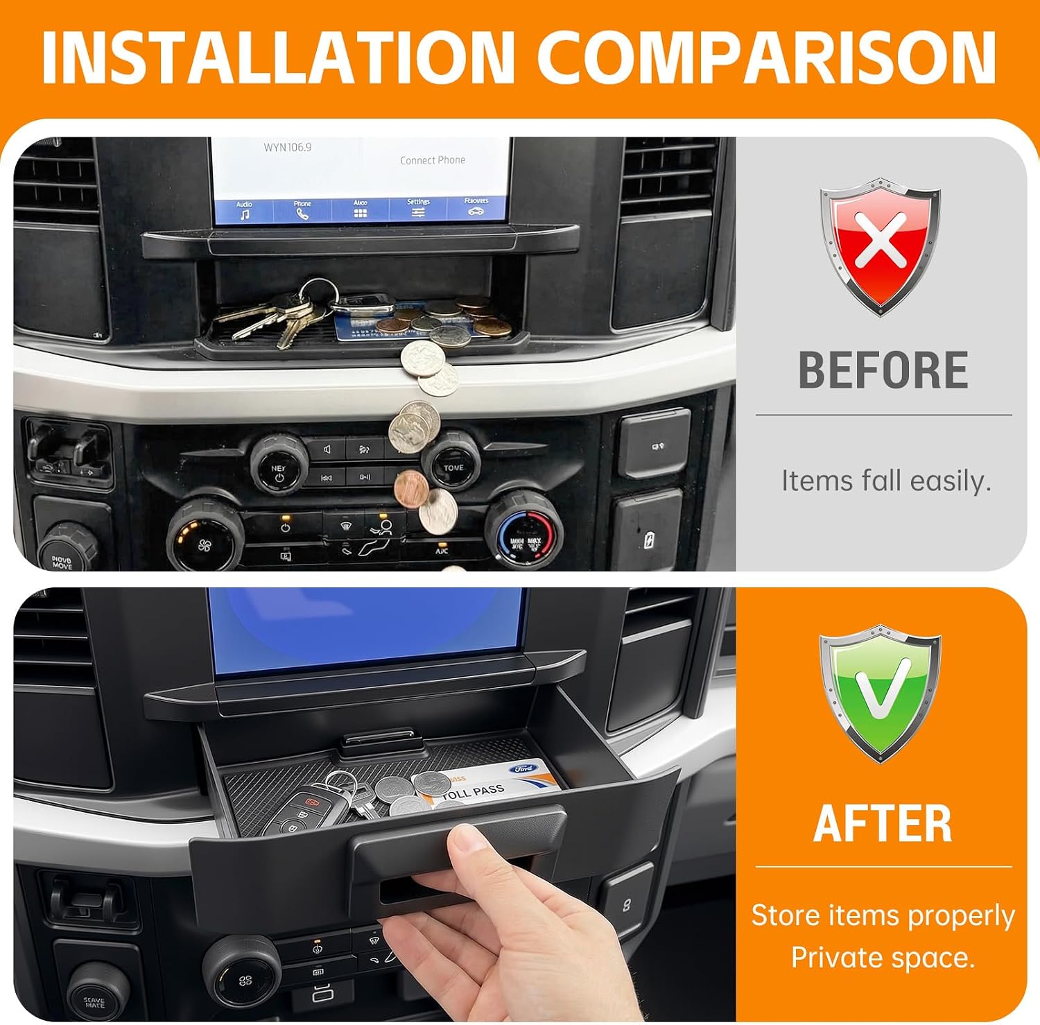 8" Screen Drawer Organizer Compatible with 2023-2025 Ford Super Duty XL F250 F350 F450 F550 Center Console Organizer Storage Tray Dashboard Box Storage Bin for 2024 Ford F250 XL Accessories