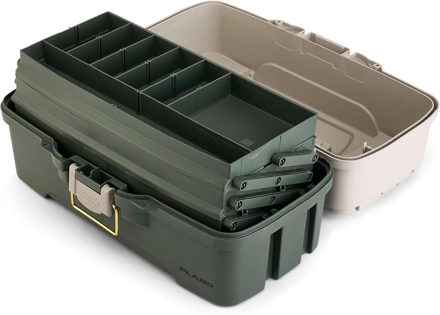 Plano Three-Tray Tackle Box Bass Kit, Tan/Green, Rust-Proof Brass Latch, Top-Access Tray Compartments with Deep Storage, Made in the USA, Portable Fishing Gear Storage Organizer
