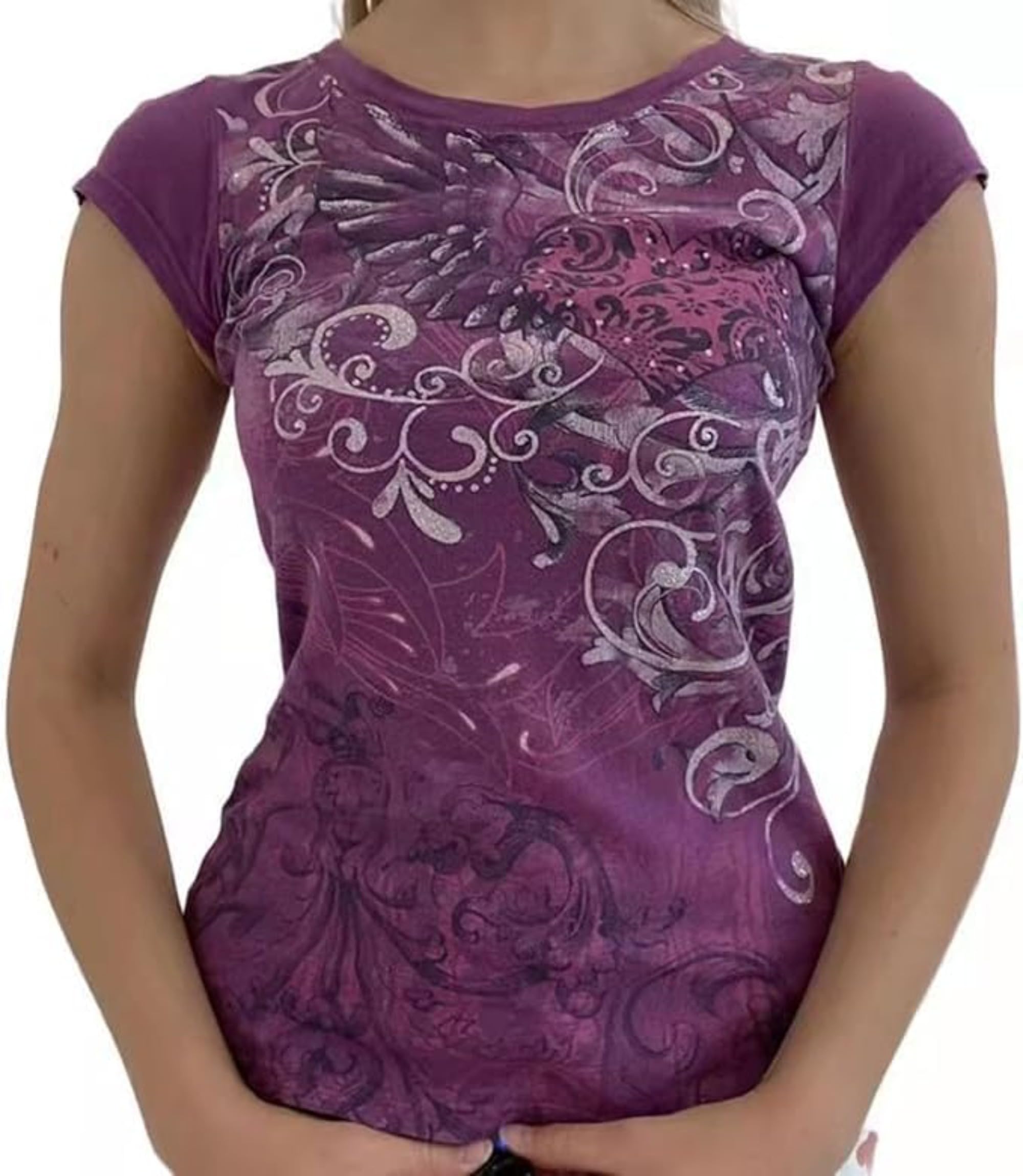 Grunge Shirts Emo Clothes Teen Girls Vintage Graphic Tee Y2k 2000s Goth Top Women Mcbling Short Sleeve Streetwear Purple White Small