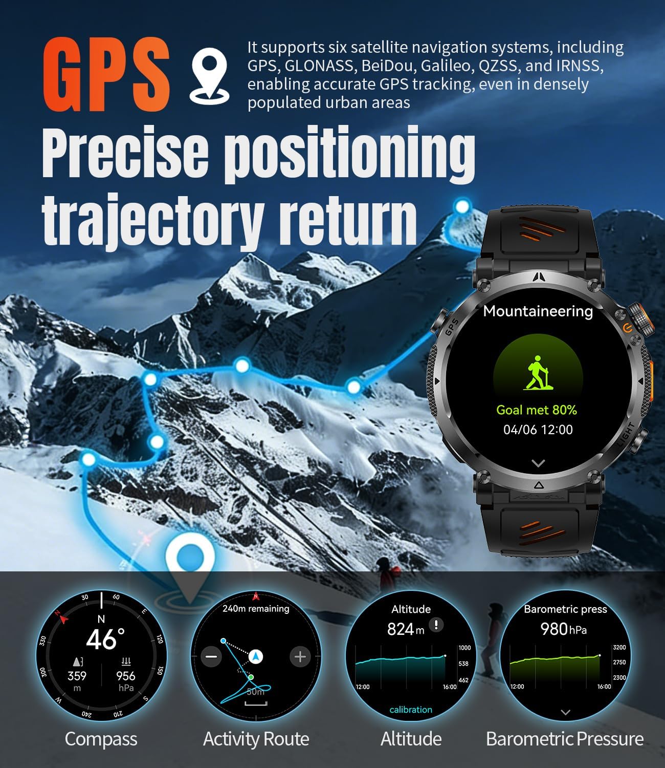 Men's Military Smart Watch with GPS, 1.7-Inch HD Screen, 3ATM, Supports Answer/Make Calls, with LED Flashlight, 100+ Sports Modes, Fitness Tracker (Black and Orange Tape)