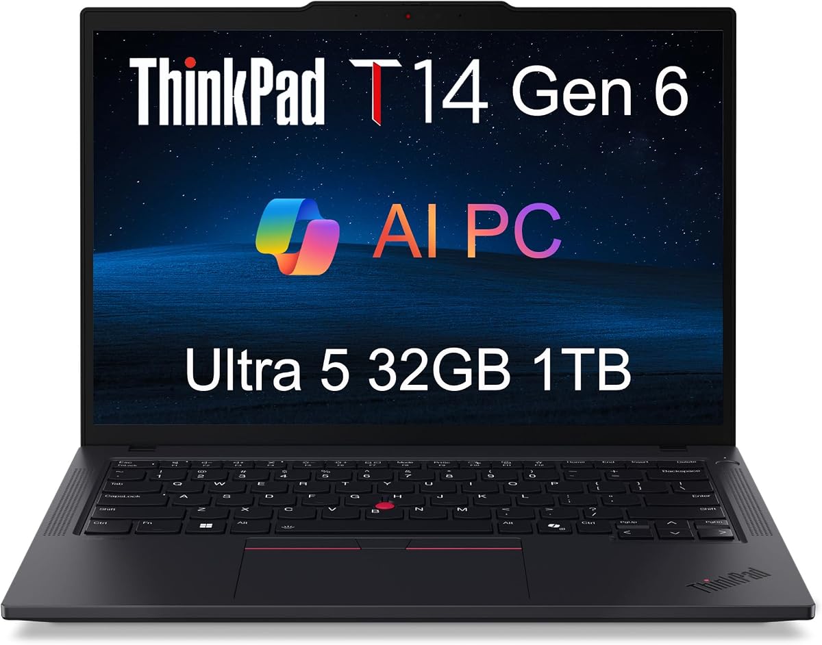 Lenovo ThinkPad T14 Gen 6 Laptop, Intel Ultra 5 225U, 32GB DDR5, 1TB SSD | 14" FHD+, 12-Core, Business AI PC, > Ultra 7 155U, Backlit, Fingerprint Reader, 5MP Webcam, Thunderbolt 4, Win 11 Pro