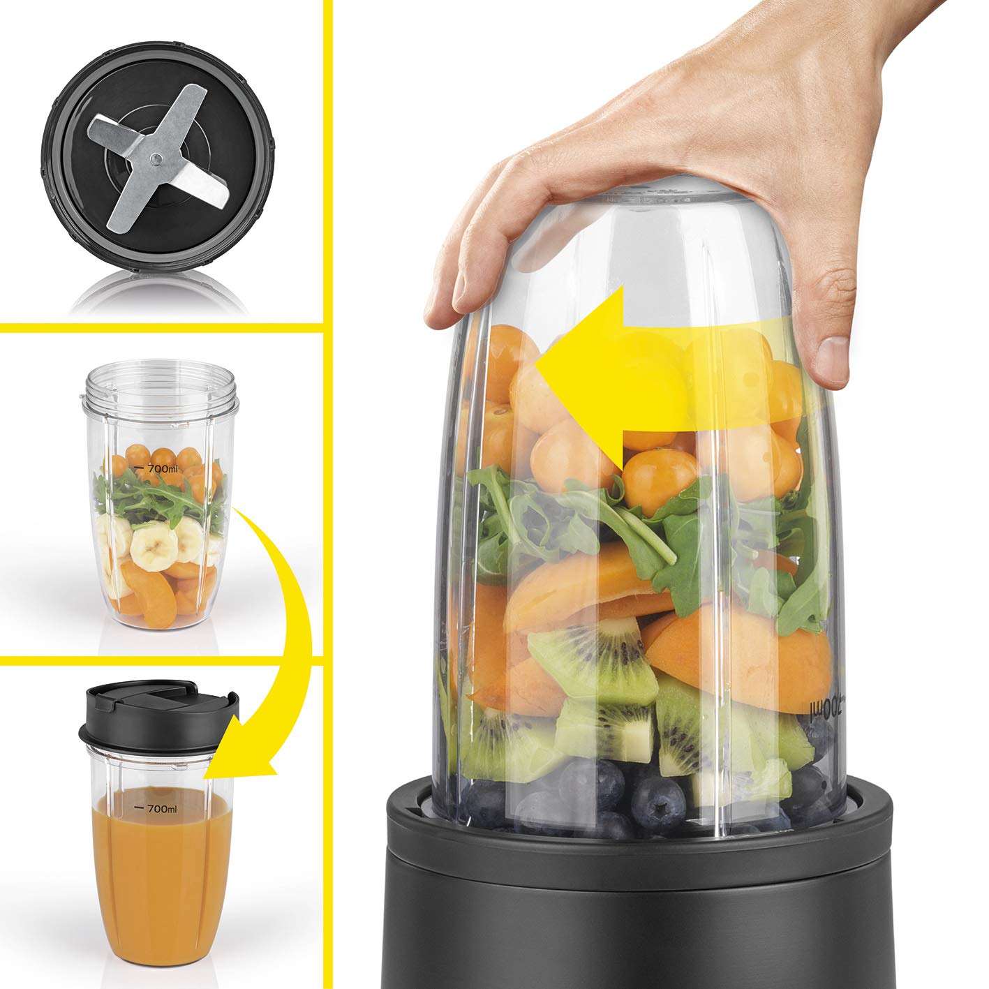 Nutrition Mixer in der Midnight Edition | Standmixer für Smoothies und Cocktails, Ice Crush Funktion, Edelstahlklingen | 700 ml und 350 ml Mixbehälter mit To-Go-Deckel, 800 Watt, Schwarz