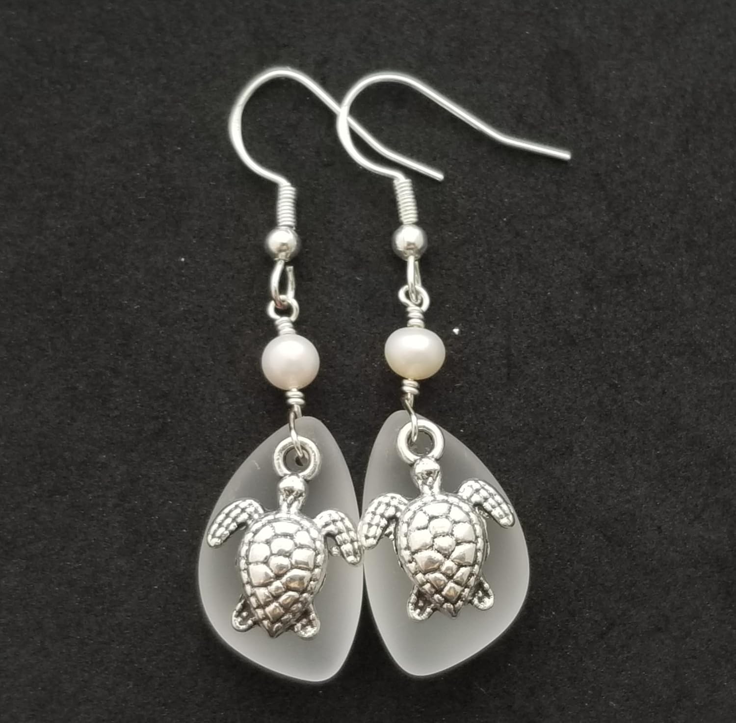 Handmade "Twin Turtles" Crystal sea glass earrings, "April Birthstone ", Natural pearls, (Hawaii Gift Wrapped, Turtle earrings