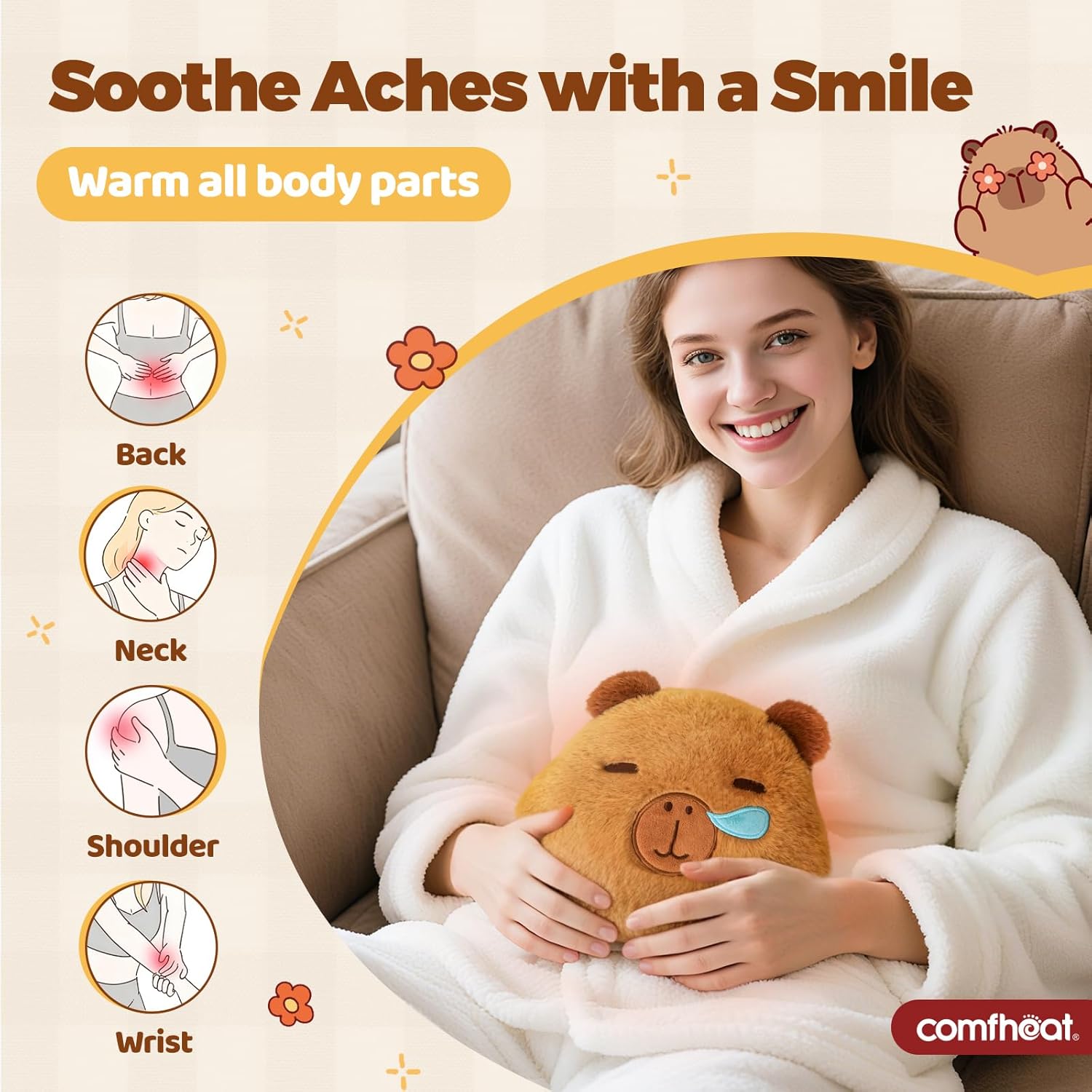 Woman using Capybara heating pad for various body parts