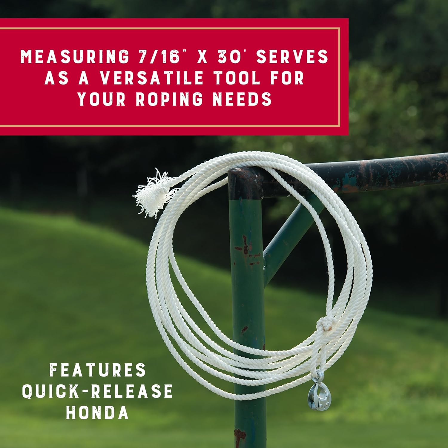 Waxed and Nylon Ranch Rope, Lightweight Cowboy Lasso Rope for Cattle Handling with Quick Release Honda, Natural Costume Prop for Rodeo 7/16" x 30'