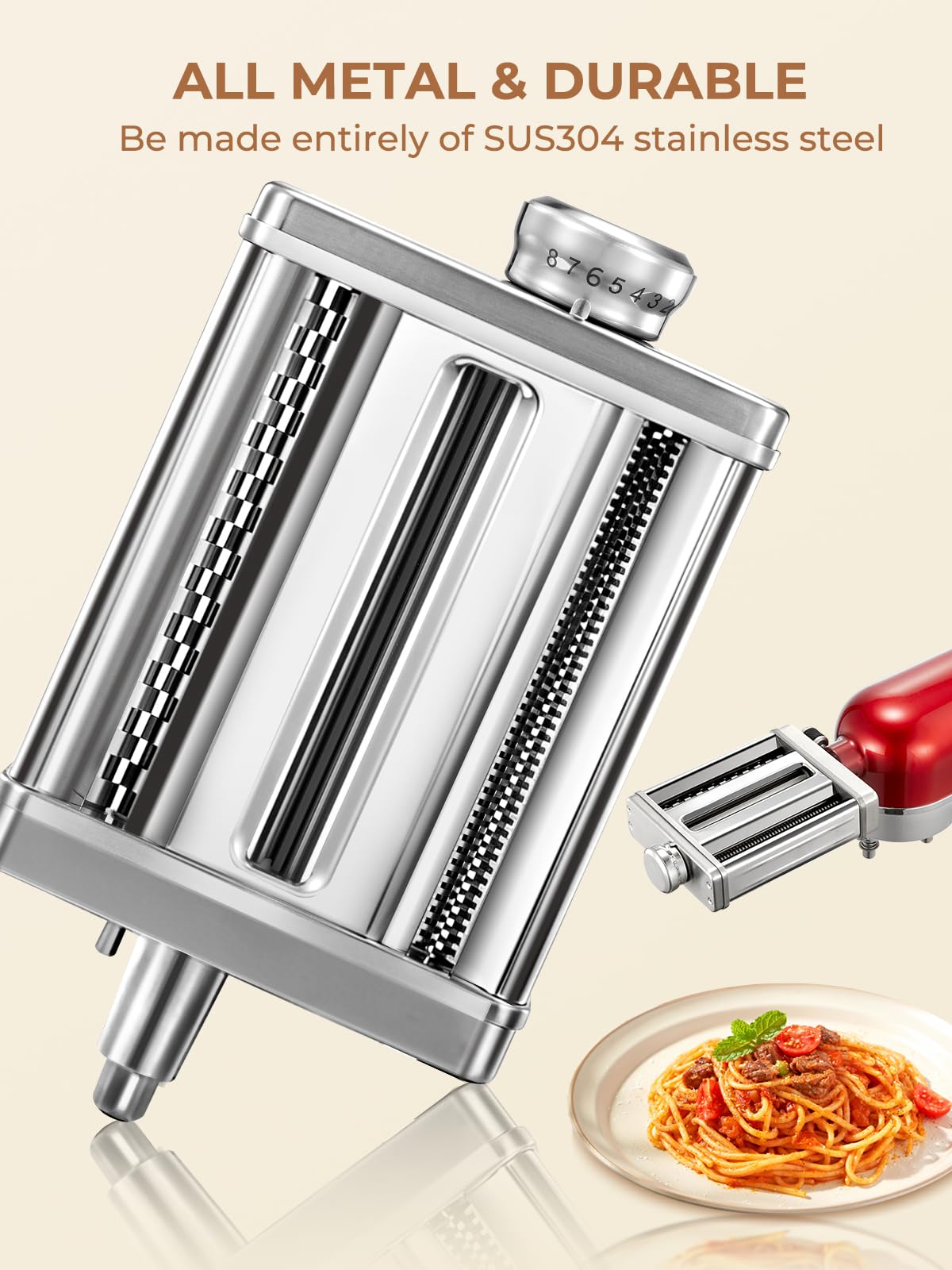 FOHERE 3 in 1 Pasta Zubehör für KitchenAid Standmixer, Edelstahl Nudelaufsatz Set für KitchenAid Nudelvorsatz, Inkl FettuccineSchneider, SpaghettiSchneider & Nudelwalze