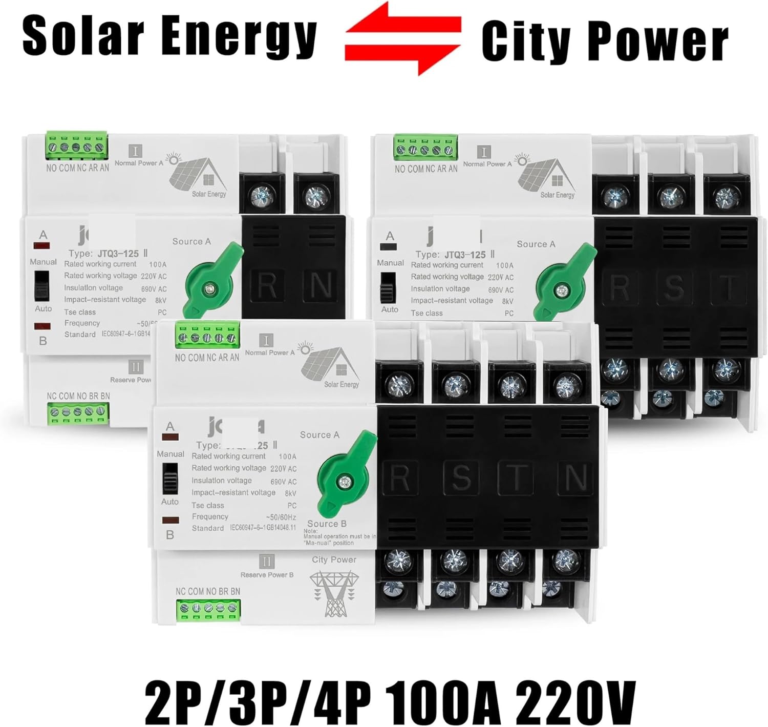 Solar Energy Type PV System ATS Automatic Transfer Switch for Solar Photovoltaic Inverter 2P/3P/4P 100A Din Rail Mounting(3P 100A 220V)