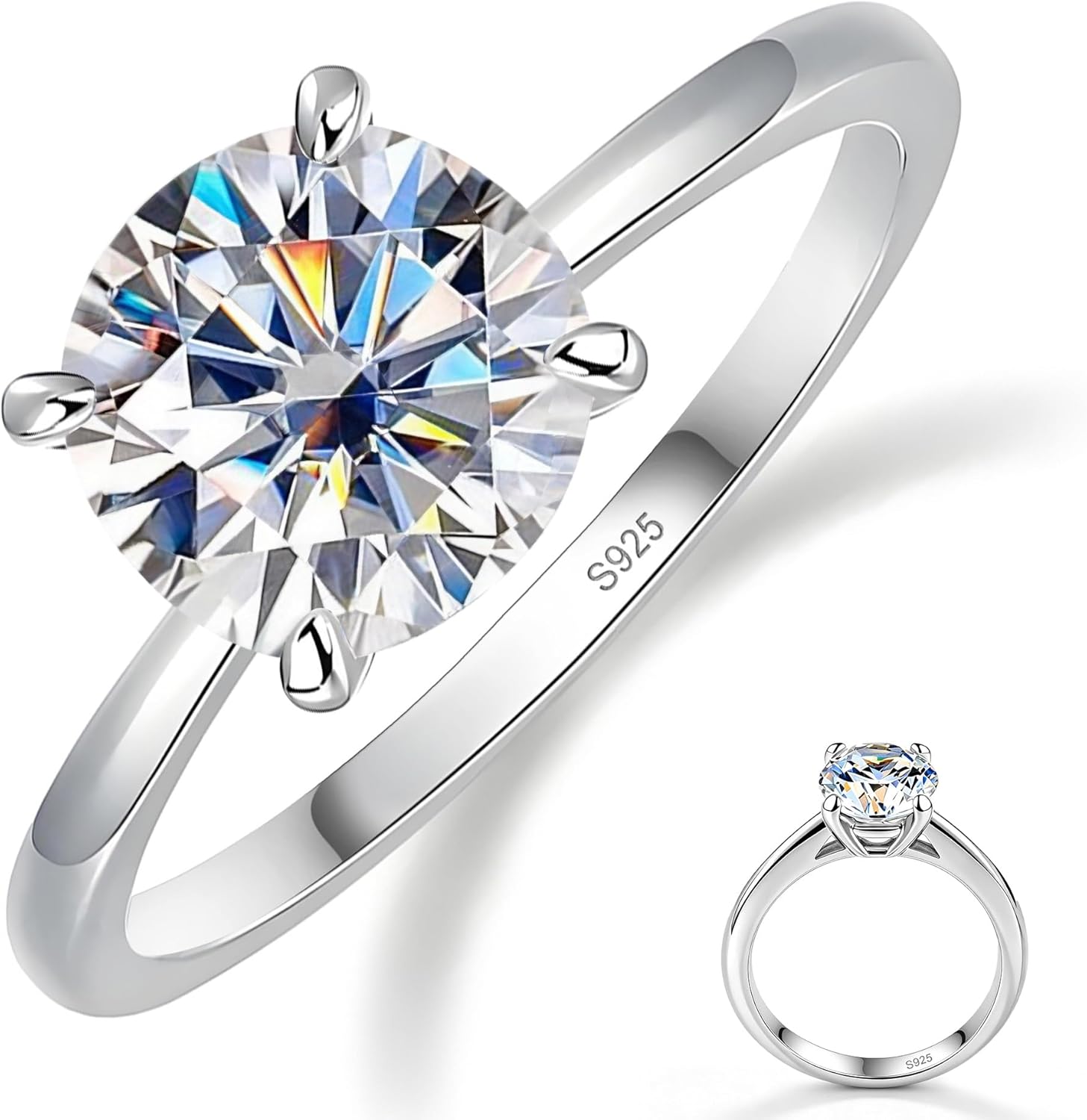 Moissanite Engagement Ring for Women, 1CT/2CT Round Cut Solitaire, Classic 4-Prong, Looks Like Real Diamond, S925 Sterling Silver 18K Gold Plated, Affordable Gift for Mother's Day Mom Wife