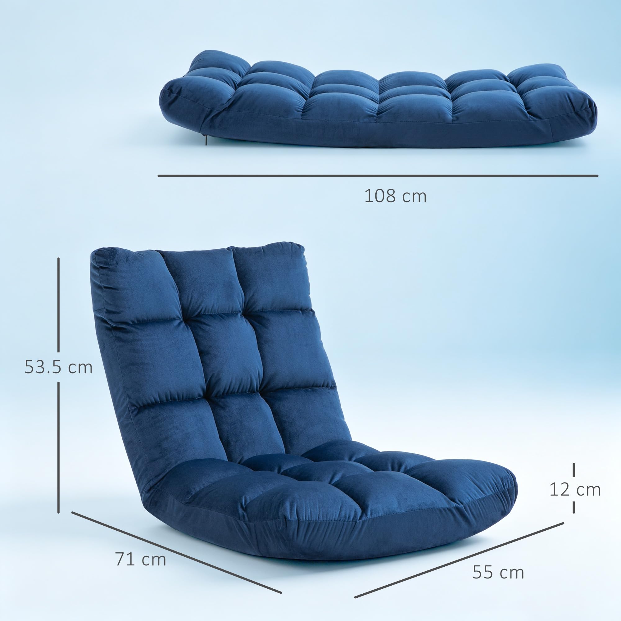 HOMCOM Poltrona da Terra Reclinabile 180° in Velluto, 55x71x53.5cm Blu | Sedia da Pavimento, Imbottitura Spessa, Camera da Letto, Ufficio, Soggiorno