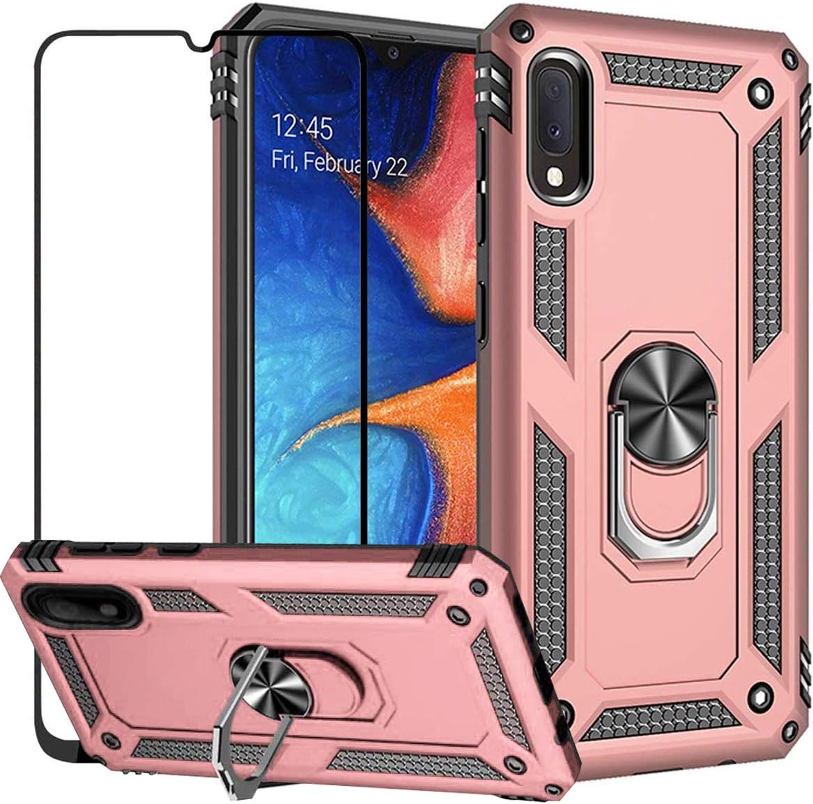 EBESTAR for Samsung Galaxy A10E Case, Hybrid Armor Heavy Duty Shockproof Defender Protective Back Cover 360 Rotating Kickstand Magnetic Ring Holder Case with Tempered Glass Screen Protector, Rose Gold