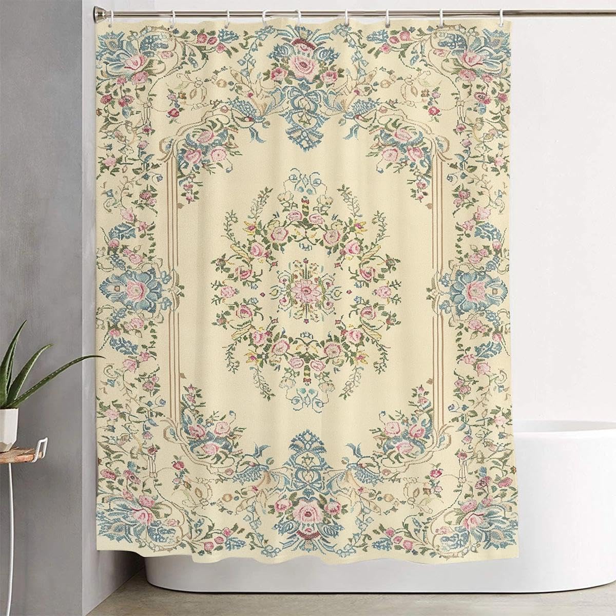 Vintage Floral Bathroom Set, 4-Piece with Shower Curtain 71x71, Bath Mat, Contour Rug, Toilet Lid Cover,Victorian Style Pattern