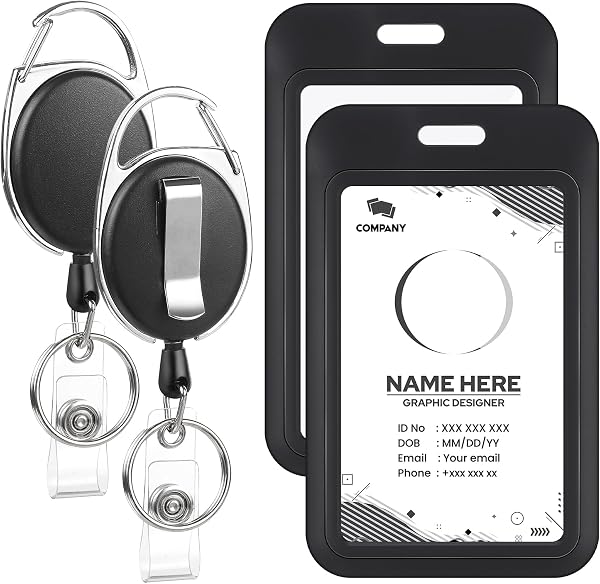 2 Pack Retractable Badge Holder Set with Vertical ID Card Holder, Black