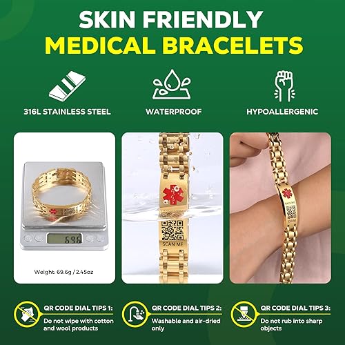Vista 47 de Pulseras médicas mejoradas para hombres y mujeres con código QR, pulseras de identificación de alerta médica, pulsera de acero de titanio que se