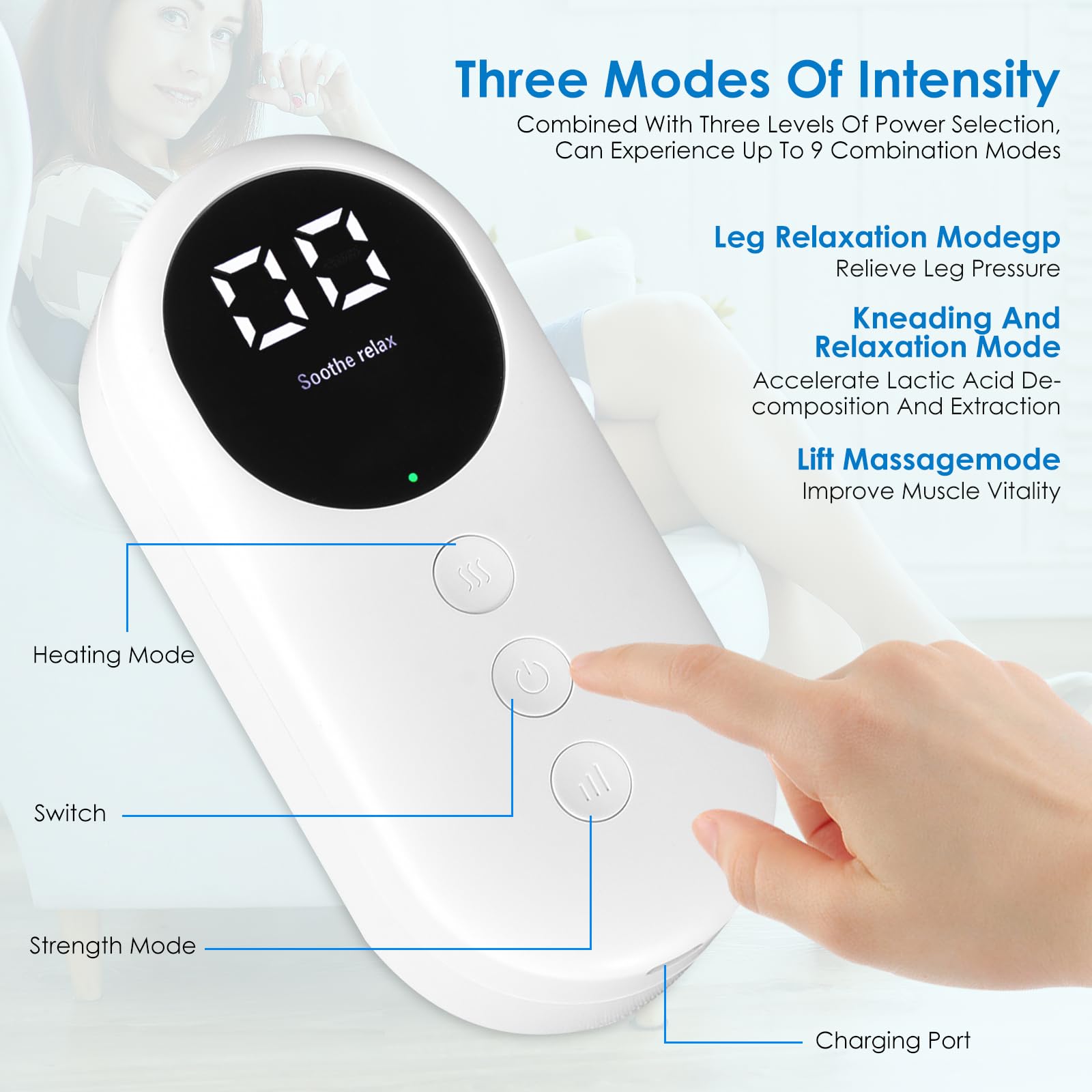Masseur de mollet sans fil avec chaleur, masseur de jambes pour la douleur et la circulation avec 3 modes et 3 intensités, booster de circulation réactive pour les jambes, rechargeable de type C,