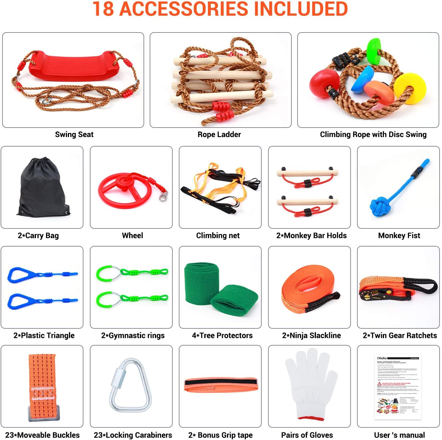 Ninja Warrior Obstacle Course for Kids - 2 X Ninja Slackline 50ft with 12 Accessories for Kids, Includes Swing, Obstacle Net Plus Grip Tape - Have Fun, Keep Fit and Become a Ninja Warrior -Swing Strap : Toys & Games