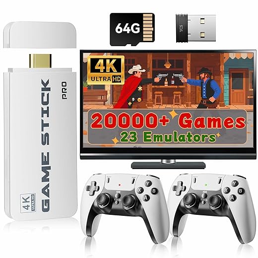 2025 Upgraded Retro Gaming Console Stick Pro, Classic Video Games Stick with 4K HDMI, Built-in 23 Game Emulators, 20000+ Games - Video Gaming Stick with Upgrade Dual 2.4G Wireless Controllers (64G)