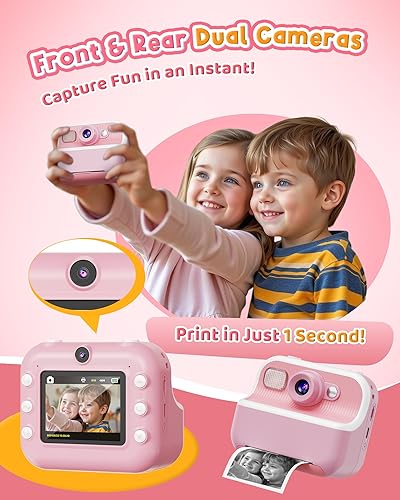 Miniatura 3 de Cámara instantánea digital portátil, cámara dual trasera y frontal de selfie para niños, con videos de 1080P, regalos de cumpleaños y festividades