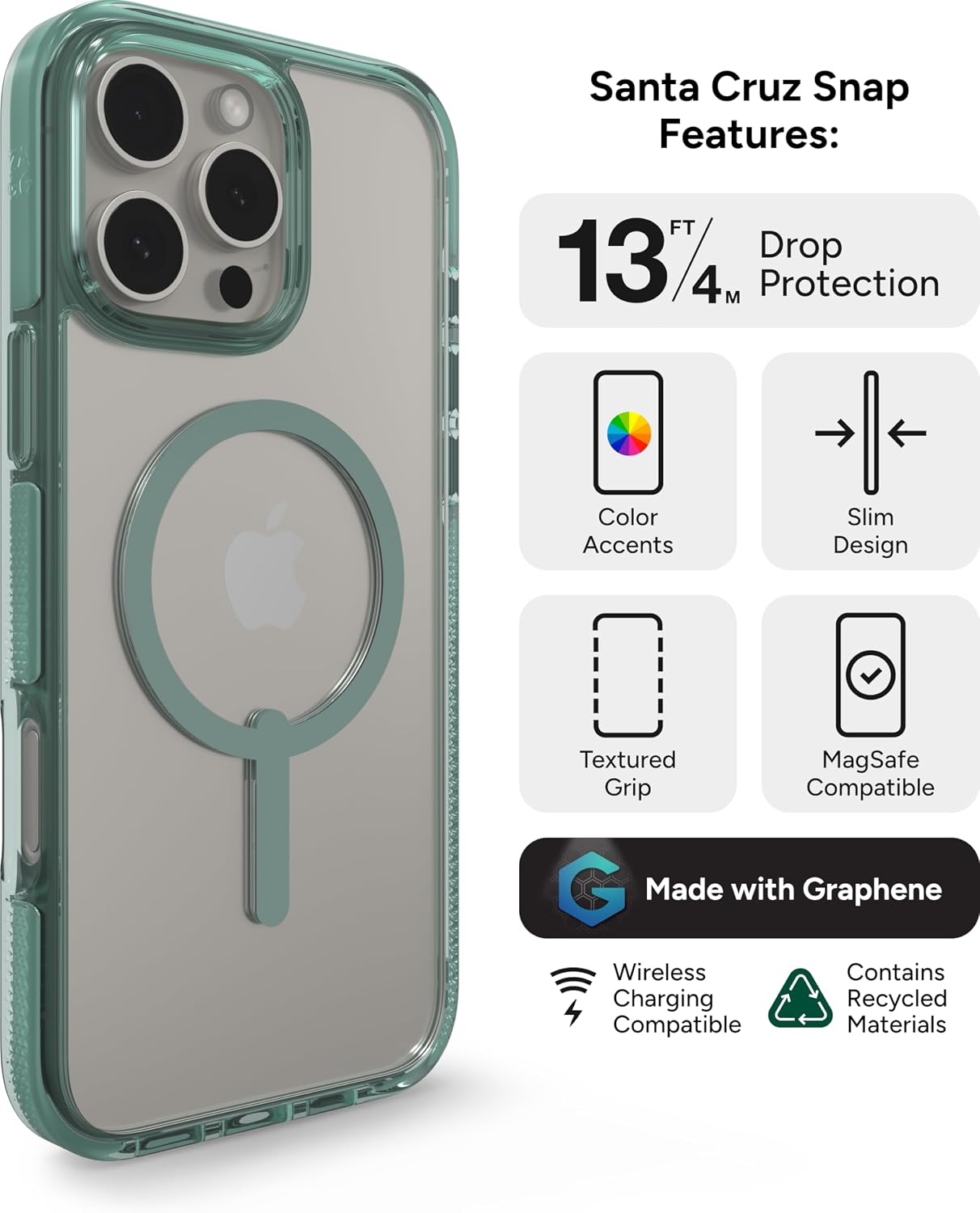 ZAGG Santa Cruz Snap Case for iPhone 16 Pro Max – MagSafe Compatible, 13ft Military-Grade Drop Protection, Graphene Reinforced, Lightweight, 70% Recycled Content, Clear with Color Accents, Green