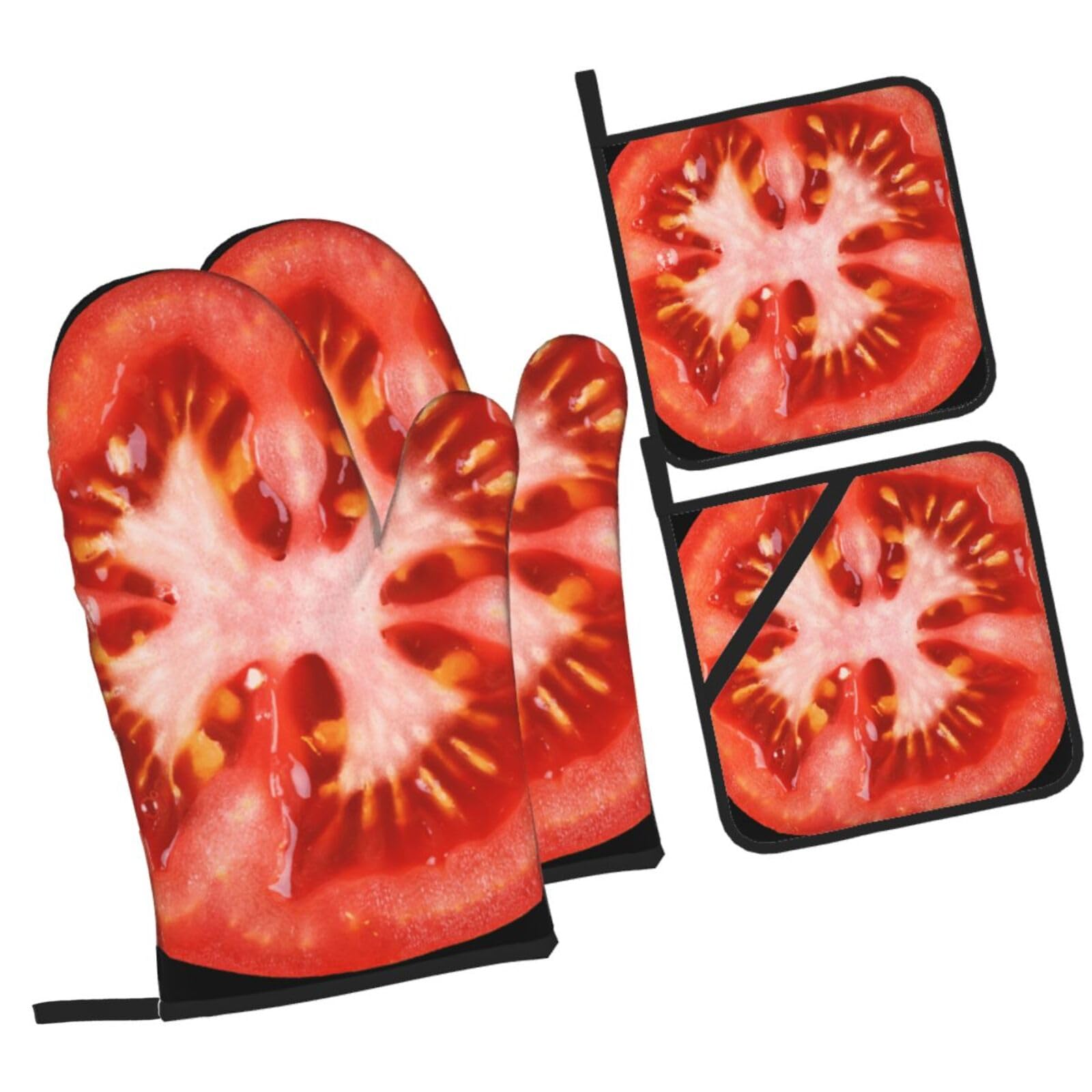 Tomato Slice Printed Oven Mitts and Pot Holders Heat Resistant Set of 4 Pcs, Modern Kitchen Gloves & Potholders for Cooking Baking Grilling