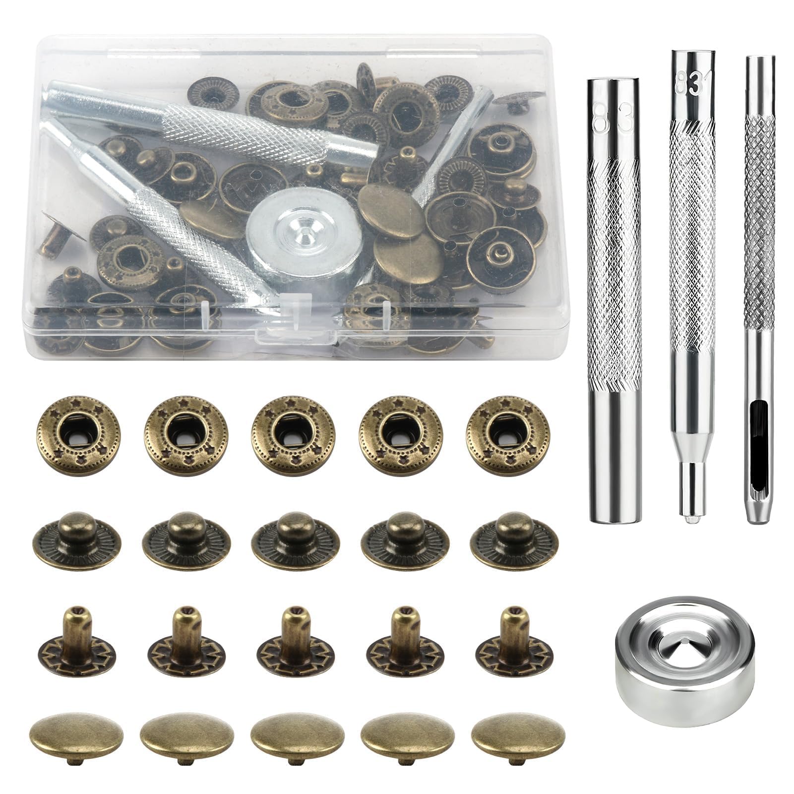 Press Studs Cap Buttons 12 Sets Metal Snap Buttons Kit 15mm Heavy Duty Leather Snap Fasteners with 4 Install Fixing Tools for Sewing Jeans Clothing Canvas Bags Jackets Belt DIY Crafts, Bronze
