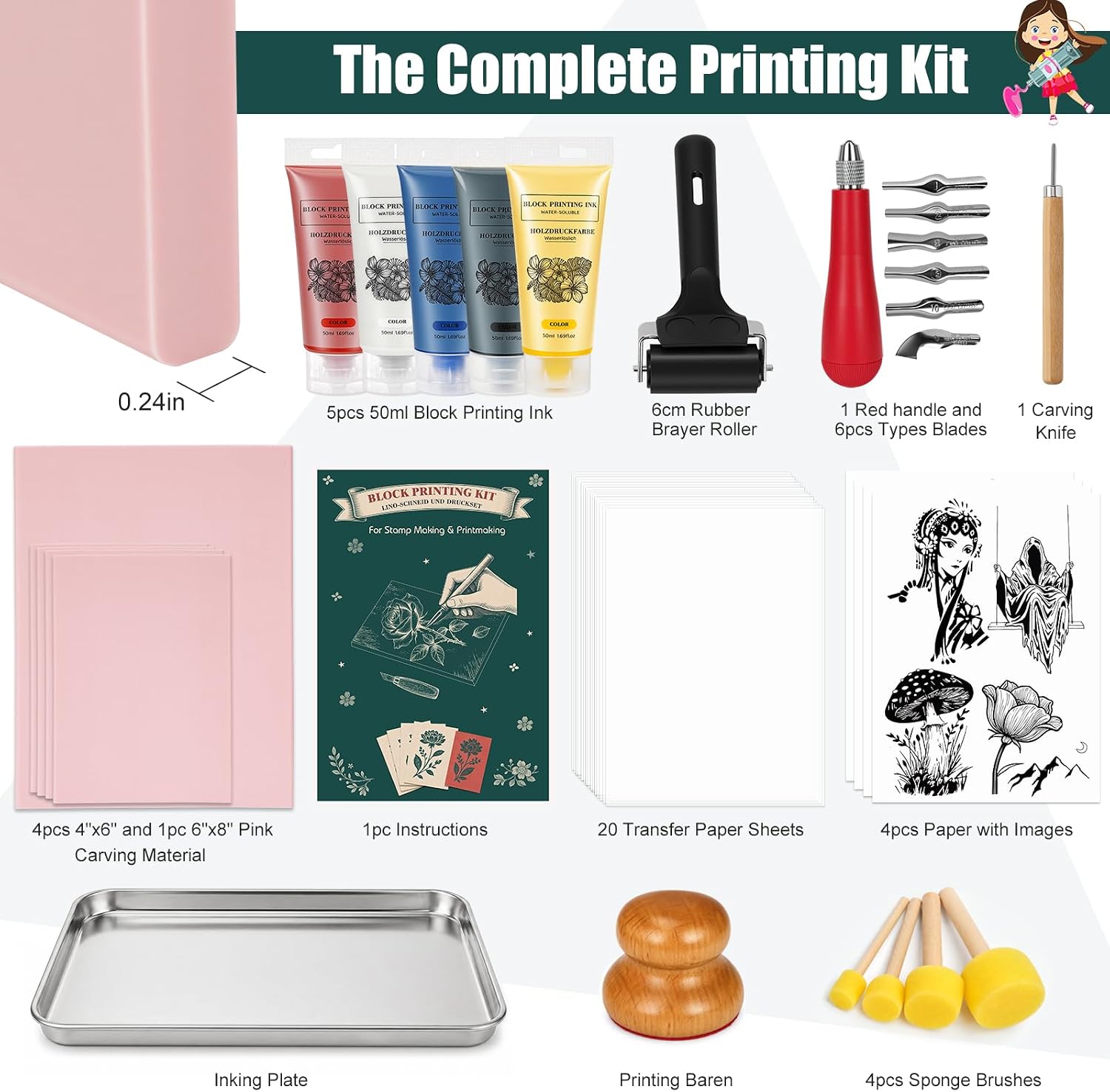 LAMPTOP Linocut Kit for DIY, Stamp Making Kit with 5 Colors Printing Ink