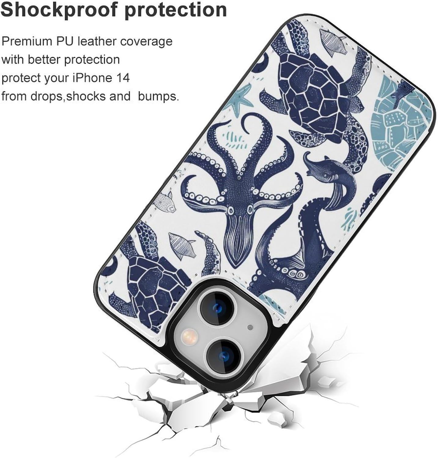 Turtle Octopus Pattern Ocean Theme Print Flip Phone Wallet Case for iPhone 14, PU Leather Magnetic Shockproof Phone Case Cover with Card Holder
