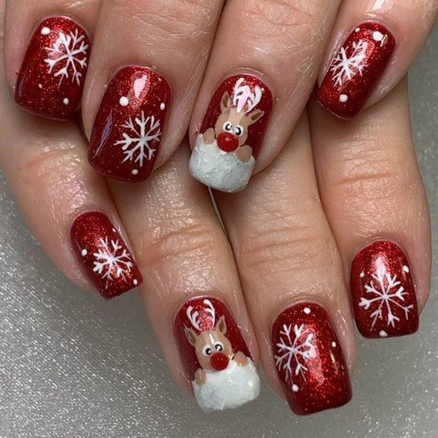 24 Pcs Glitter Christmas Red Press on Nails - Short Square Fake Snowflake Elk Deer Designs Stick on Sparkly False Full Cover Acrylic for Women DIY Decorations