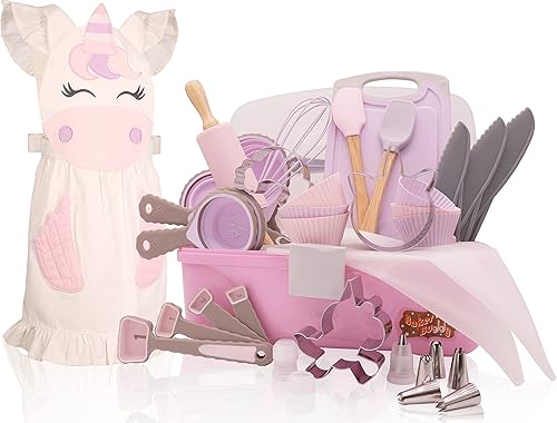 Baker Buddy Juego de horneado de unicornio para niños con estuche de almacenamiento, utensilios reales que funcionan, cortadores de galletas y
