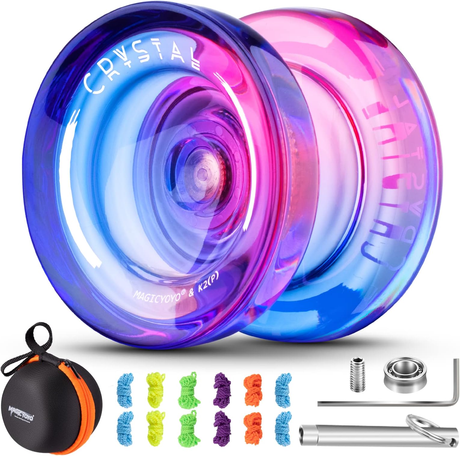 MAGICYOYO Responsive Yoyo for Kids K2 Crystal Pink Purple, Dual Purpose Yoyo for Beginner, Trick Yo Yo Professional Yo-yo Ball with Unresponsive Yo yo Bearing Kit + 12 Strings + Case
