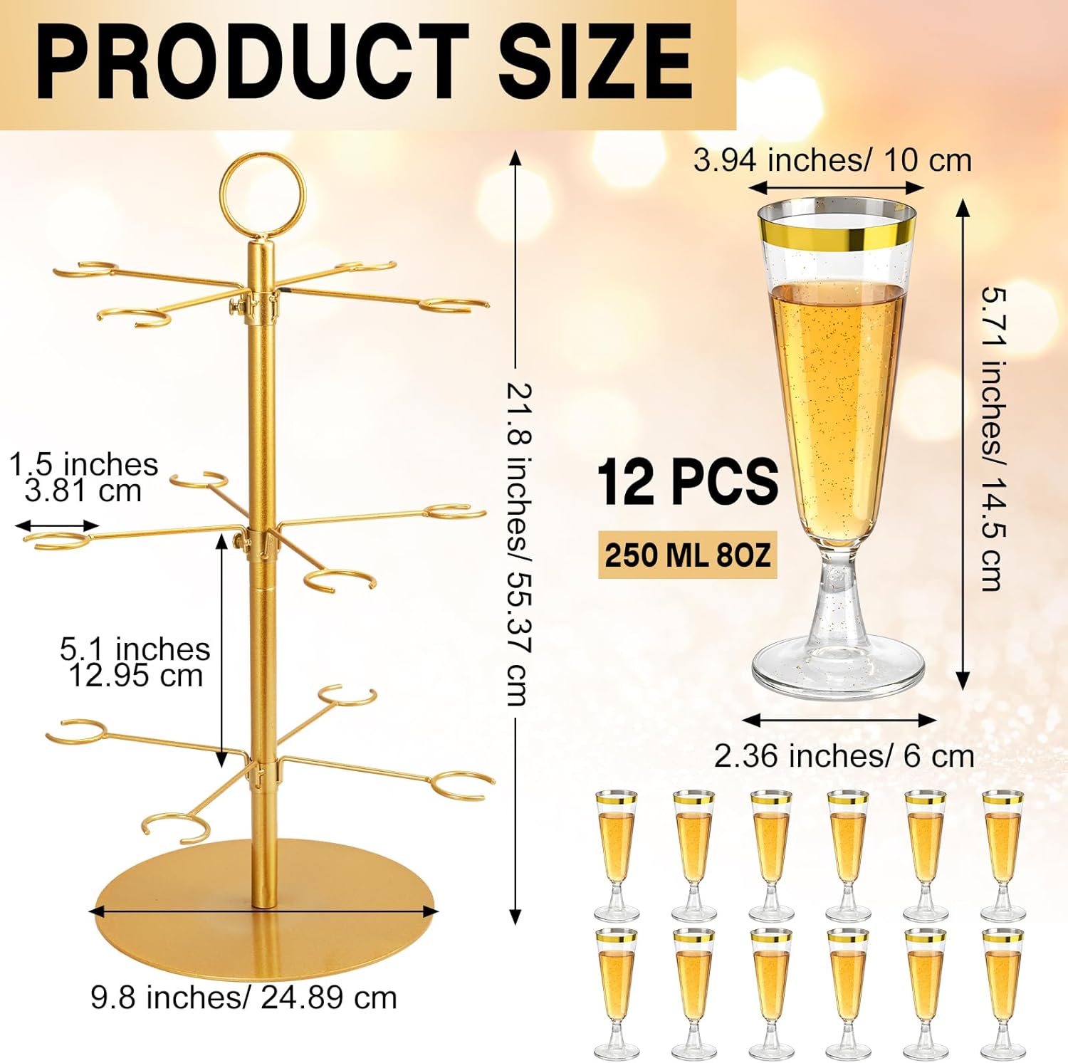 12 Pcs Plastic Glasses with Metal Champagne Tower Disposable Clear Cocktail Glasses for Party Birthday Wedding(5 oz, Champagne)