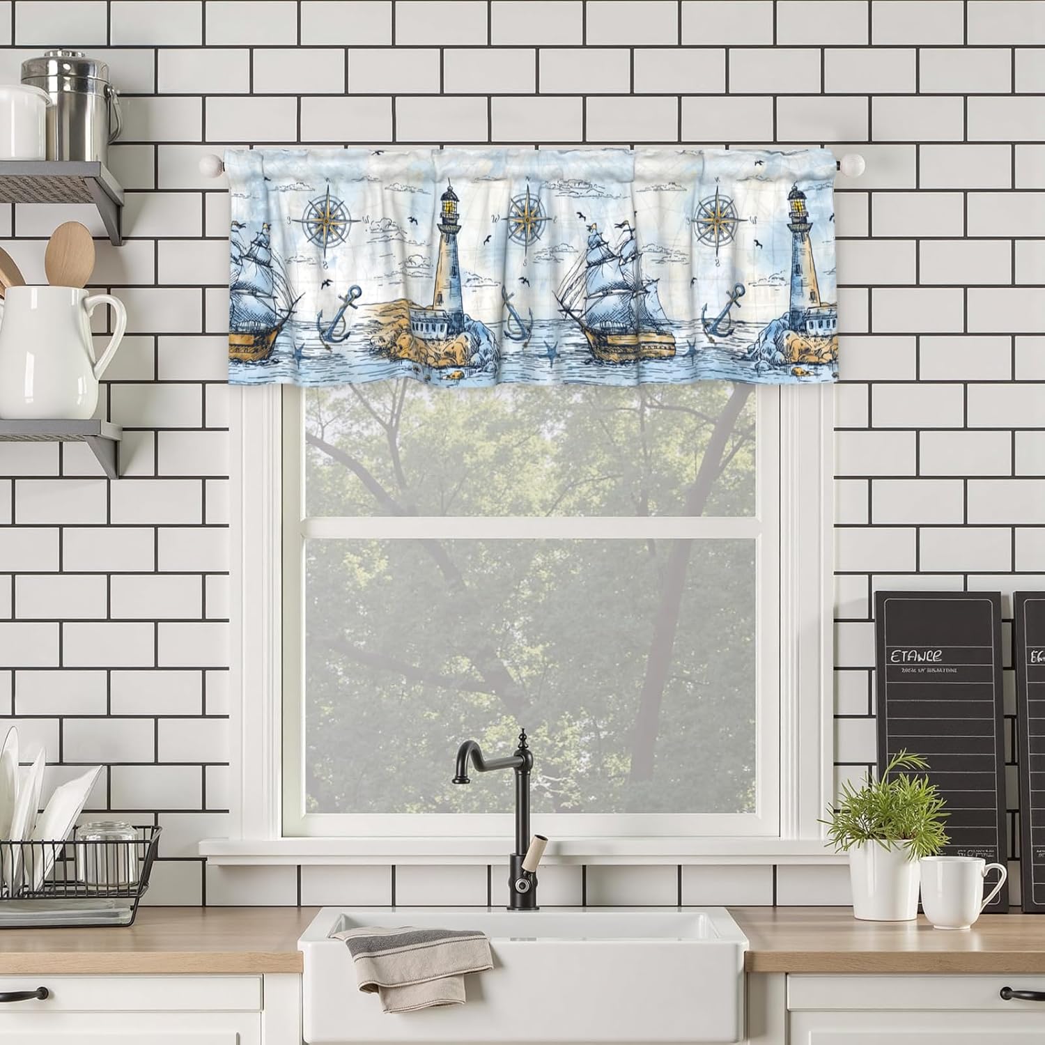 Nautical Coastal Kitchen Valance, Summer Ocean Themed Short Curtains for Windows, Compass Lighthouse Anchor Sail Boat Decoration Cafe Curtain, Thermal Insulated Room Darkening Short Curtain 54x18 Inch