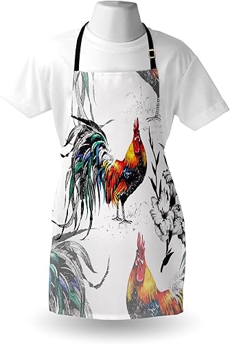 Miniatura 3 de Lunarable Delantal Gallus, gallos Crowing Sound Siluetas y flores, Insecto Mariposa de pie, plumaje, babero de cocina unisex con cuello ajustable