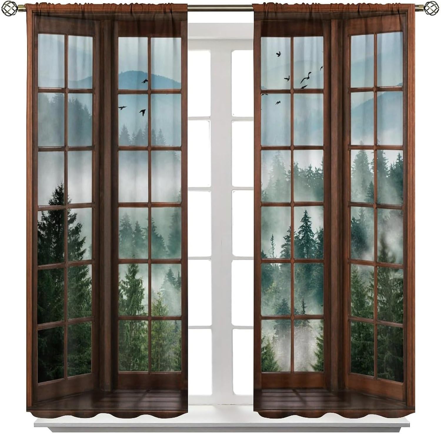 Forest Landscape Curtains, Wooden Window Forest Mountain Green Tree Curtain, Nature Landscape Pattern Window Treatments for Bedroom Living Room, 42x45 Inch Decor image 2