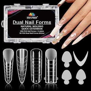 EBANKU 288PCS Nail Dual Forms for French Nails, Poly Gel Nail Forms Molds with 96PCS Dual Forms French Nail Sticker Reusable Pads, 4 Styles Scale Acrylic Nail Forms for Manicure Extension