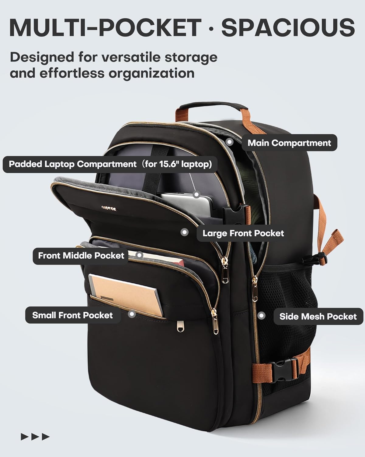 HOTOR Travel Backpack for Women - Large 15.6inch Laptop Computer Bag Water-Resistant Carry on Backpack Flight Approved Personal Item Travel Bag for Work, Business, College, Black, 13.0" x 7.9" x 17.3" - Image 3