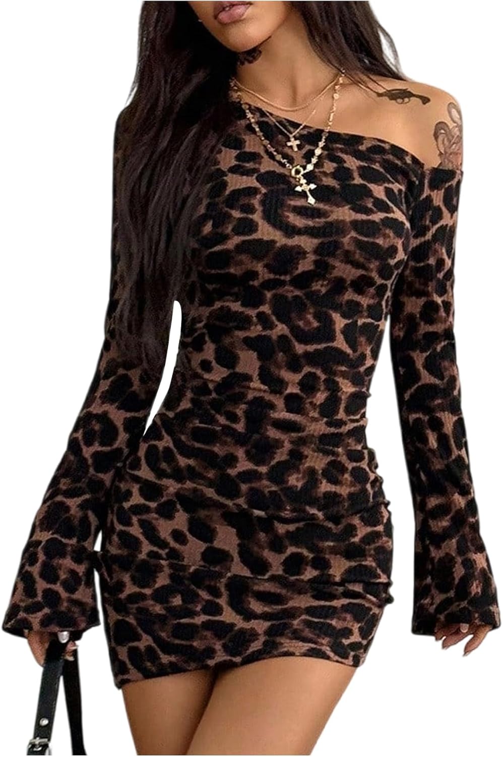 GORGLITTER Women's Off The Shoulder Bodycon Mini Dresses Asymmetrical Long Sleeve Ruched Cocktail Brunch Short Dress