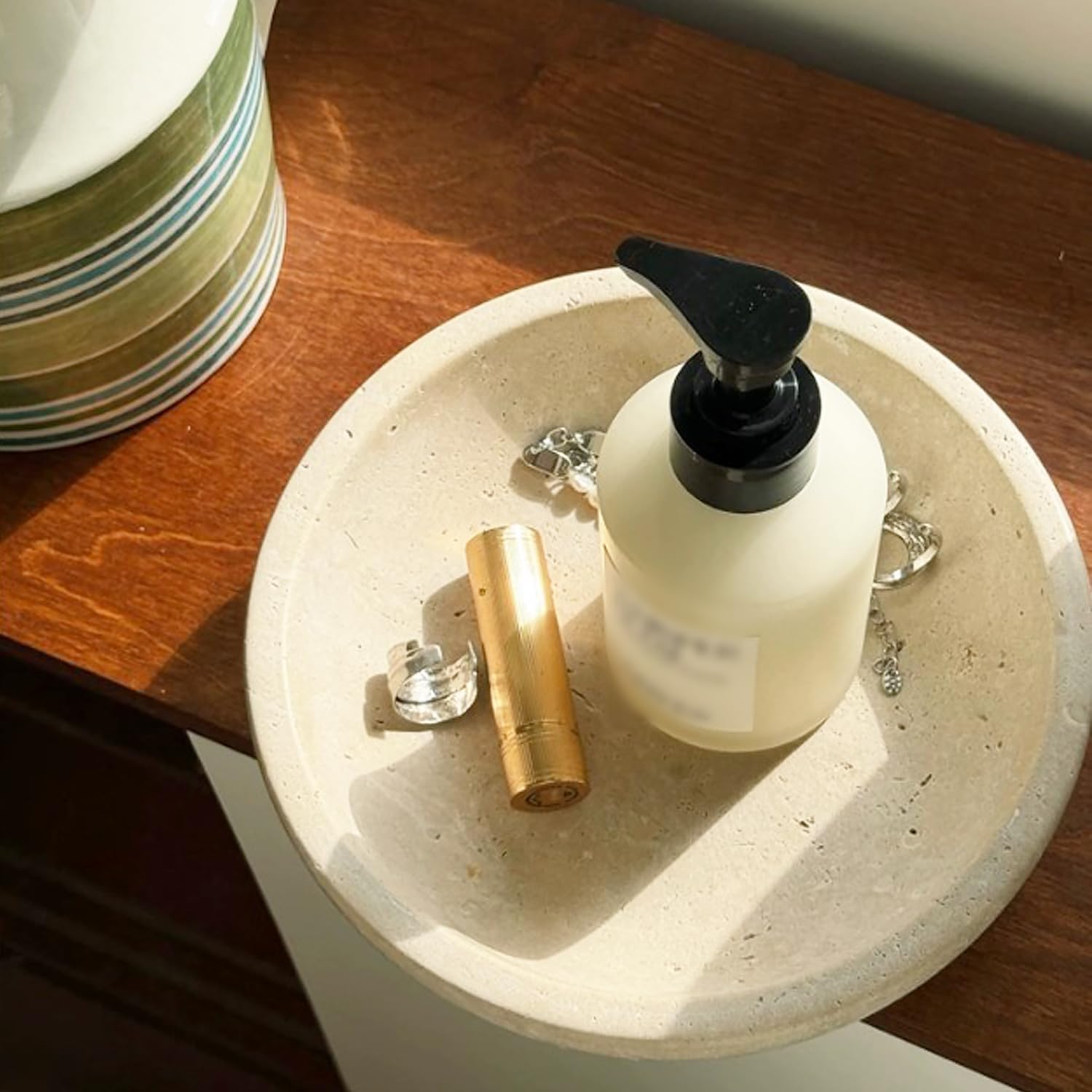 Beige Travertine Decorative Bowl, 7.8" Diameter x 2" Height, Handmade, Perfect for Entryway Key Bowl, Fruit, Kitchen Counter, Dining Table Centerpiece, Office Decor & Coffee Table