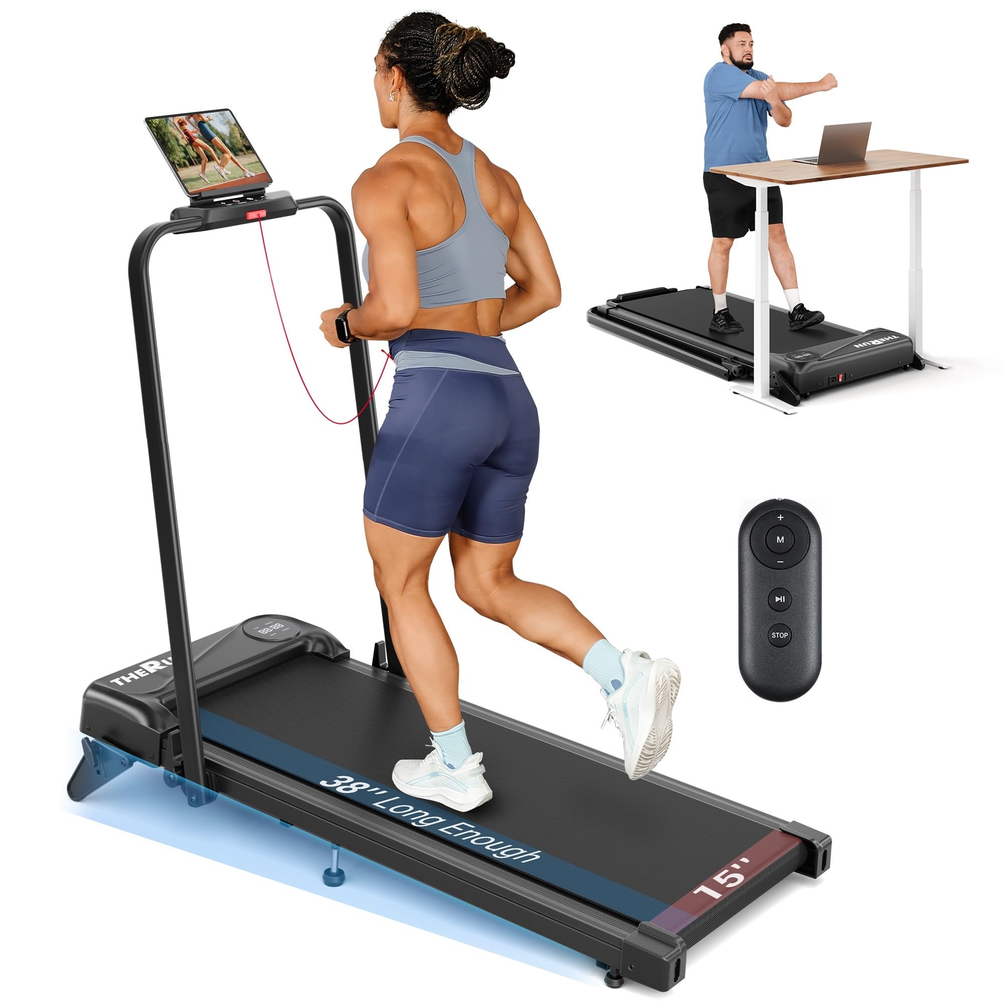 THERUN Walking Pad, 2 in 1 Foldable Treadmills for Home, 2.5HP Under Desk with Handle Bar, 16" Widened Running Belt, with Remote Control