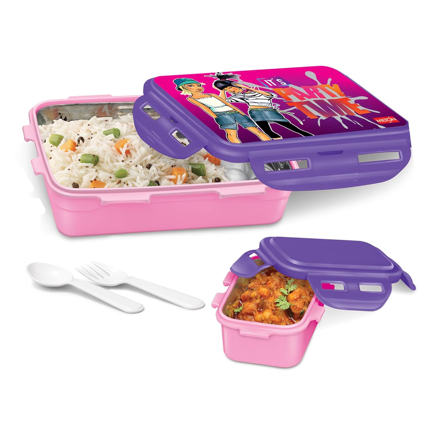MILTON Mini Fun Treat Lunch Box, Inner Stainless Steel School Kids Tiffin 650 ml, Leak Proof and Airtight Containers with Plastic Spoons, Pink