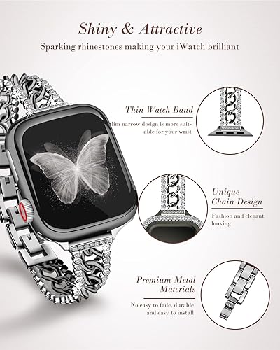Miniatura 2 de Correas de cadena brillantes compatibles con Apple Watch Series 8 de 1.61 pulgadas, 1.57 pulgadas, 1.49 pulgadas, para mujer, de lujo, elegante, con