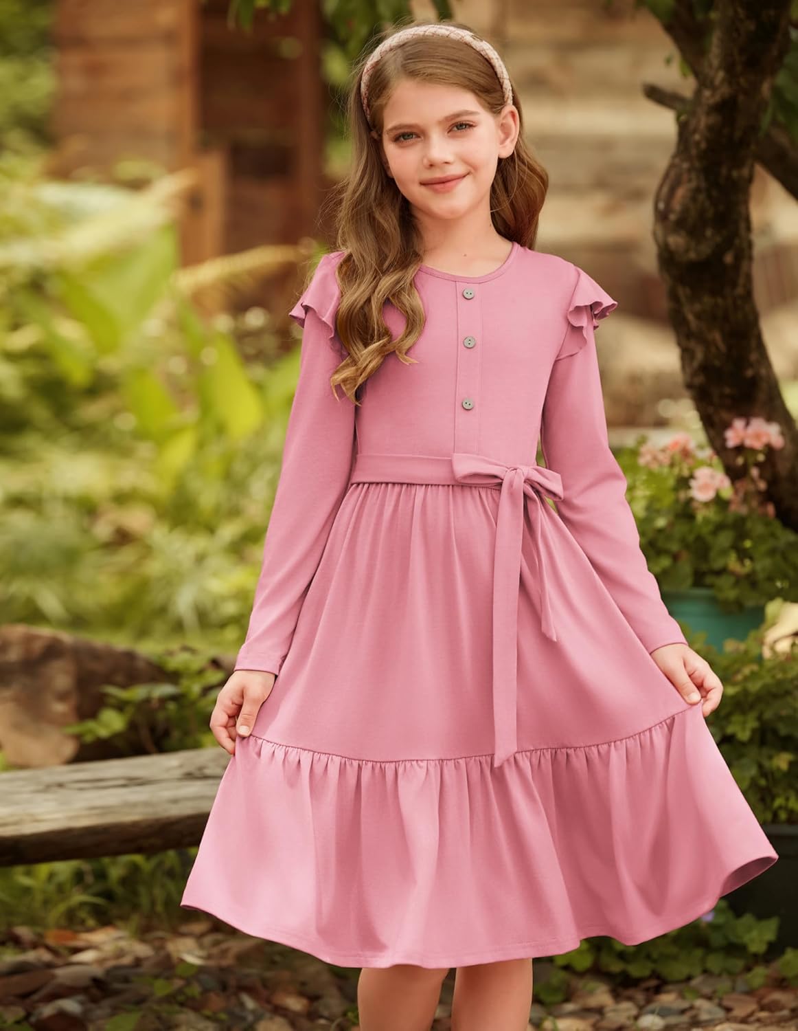 GRACE KARIN Girls Fall Long Sleeve Dress for Girl Rullfe Button Casual Flowy Tiered Dresses with Pocket 6-14Years - Image 3