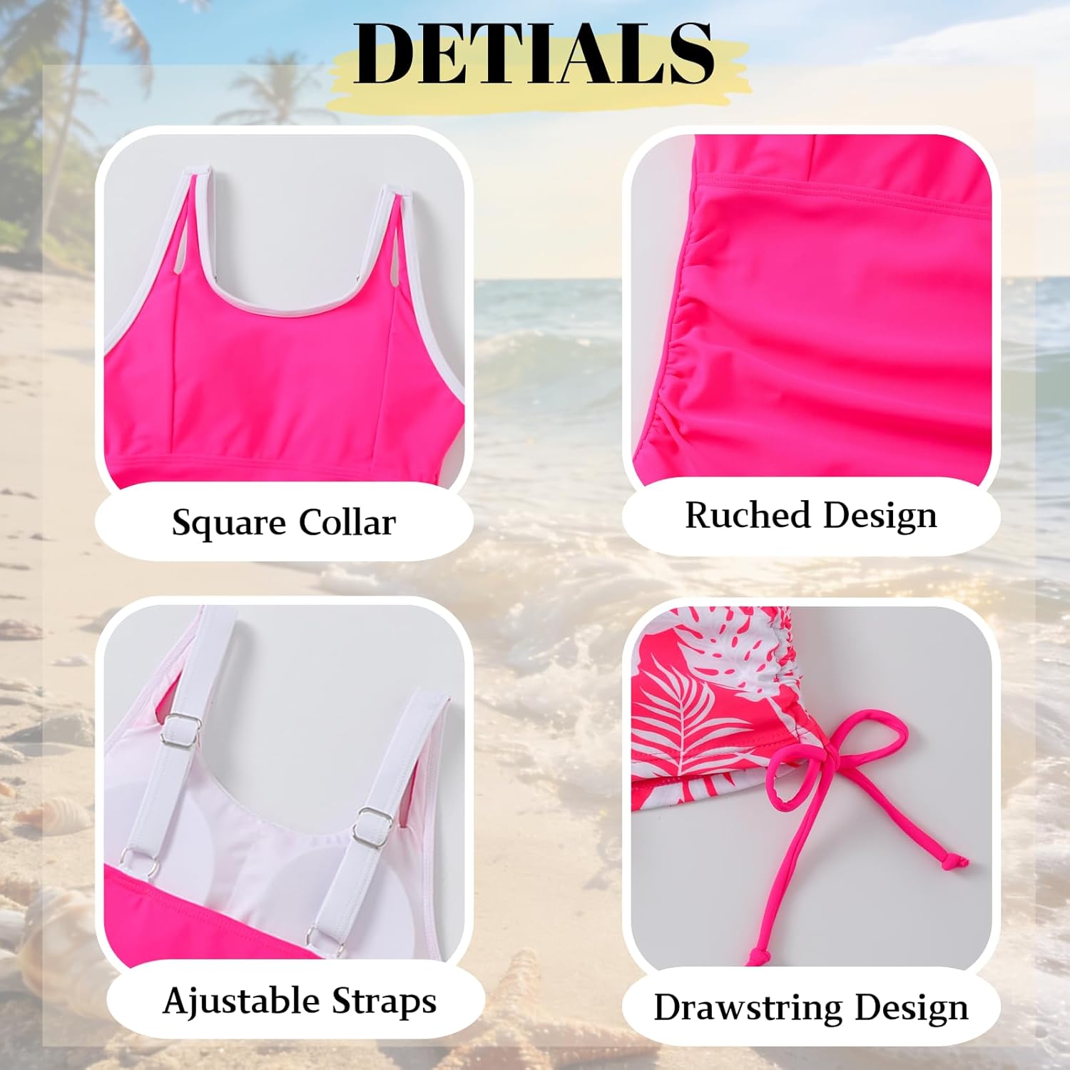 Size 9-16Y Teen Girls Two Piece Tankini Swimsuit Summer Tropical Print Drawstring Shorts Bathing Suit Swimwear