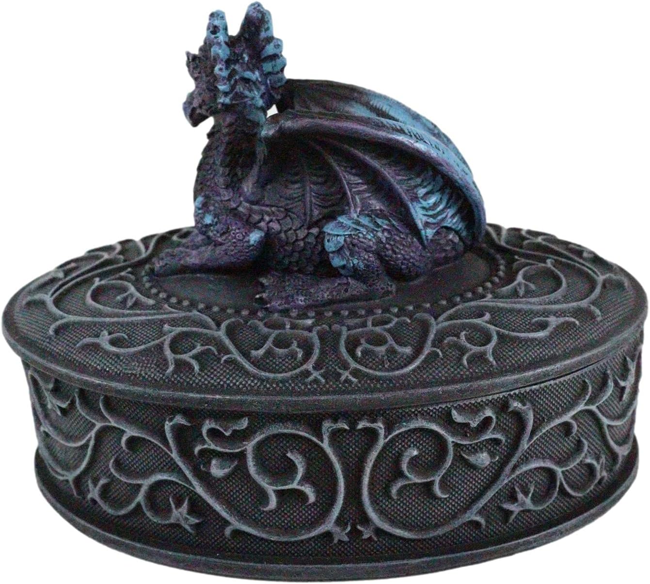Ebros Medieval Fantasy Hatchling Twilight Blue Dragon In Repose Decorative Oval Trinket Box Figurine With Vines Scrollwork Dungeons And Dragons Jewelry Stash Statue