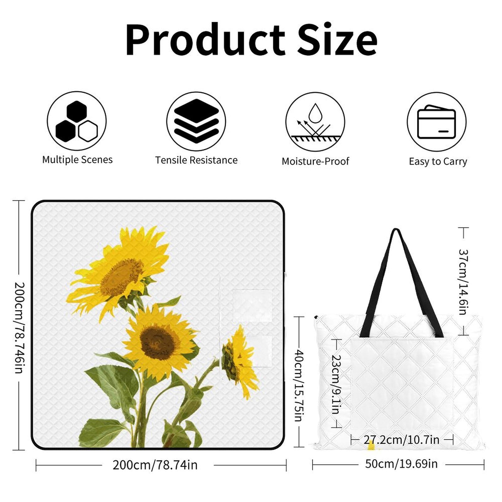 3D Stampa SunFiore T-shirt Yellow Coperta Picnic Impermeabile Stuoia Spiaggia Pieghevole Coperta Da Picnic Per Spiaggia Campeggio Pic-nic Attività All'aperto 200x200cm