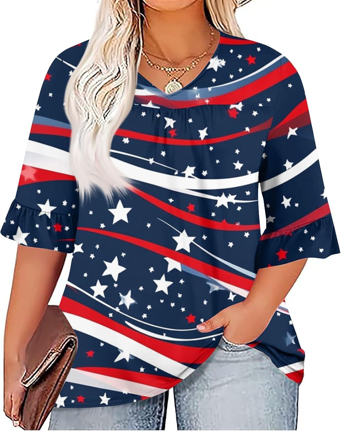 Women's Plus Size American Flag Shirt, 4Th of July T-Shirts, 3/4 Sleeve V-Neck Patriotic Tops, XL-5XL