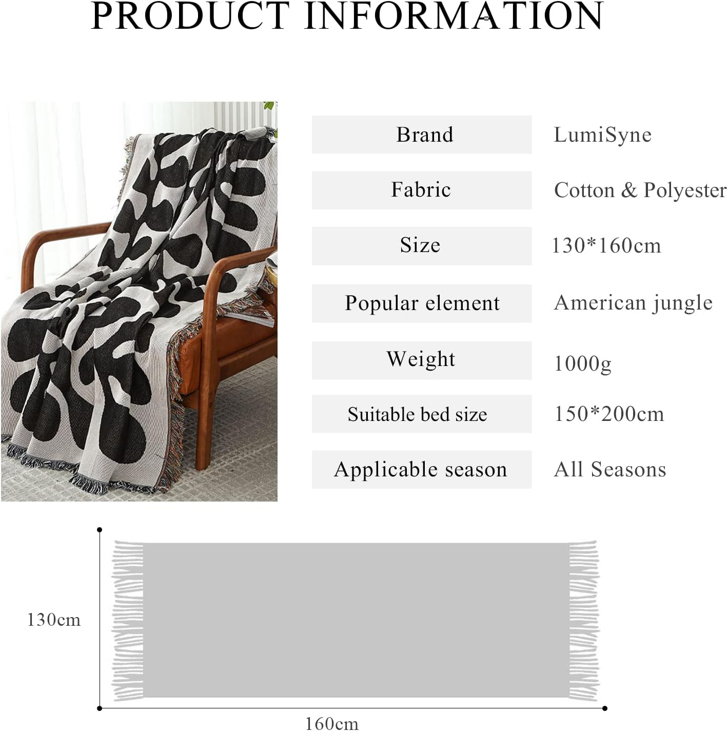Double-Sided Cotton Woven Throw Blanket with Tassel Jungle Bohemian Style Tapestry Shawl Multi-Function Decorative Throws for Sofa Bed Armchair Camping Blanket Tablecloth Carpet 160x130cm