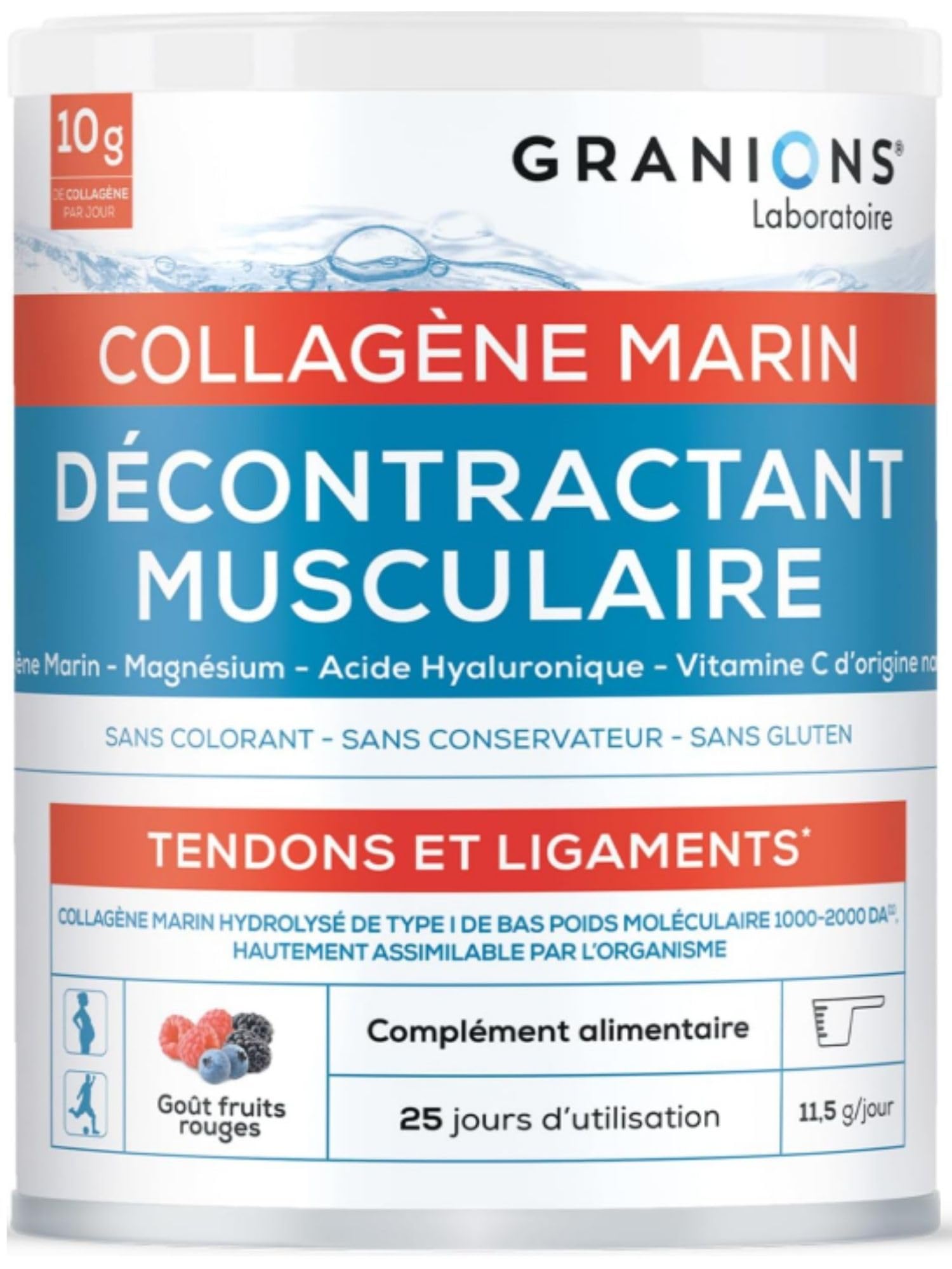 Granions - COLLAGENE MARIN Décontractant Musculaire - Collagene Marin Poudre, Magnesium Vitamine C - Collagene Pour Relaxation Tendons et Ligaments - Collagene Marin - Goût Fruits Rouges - Pot de 288g