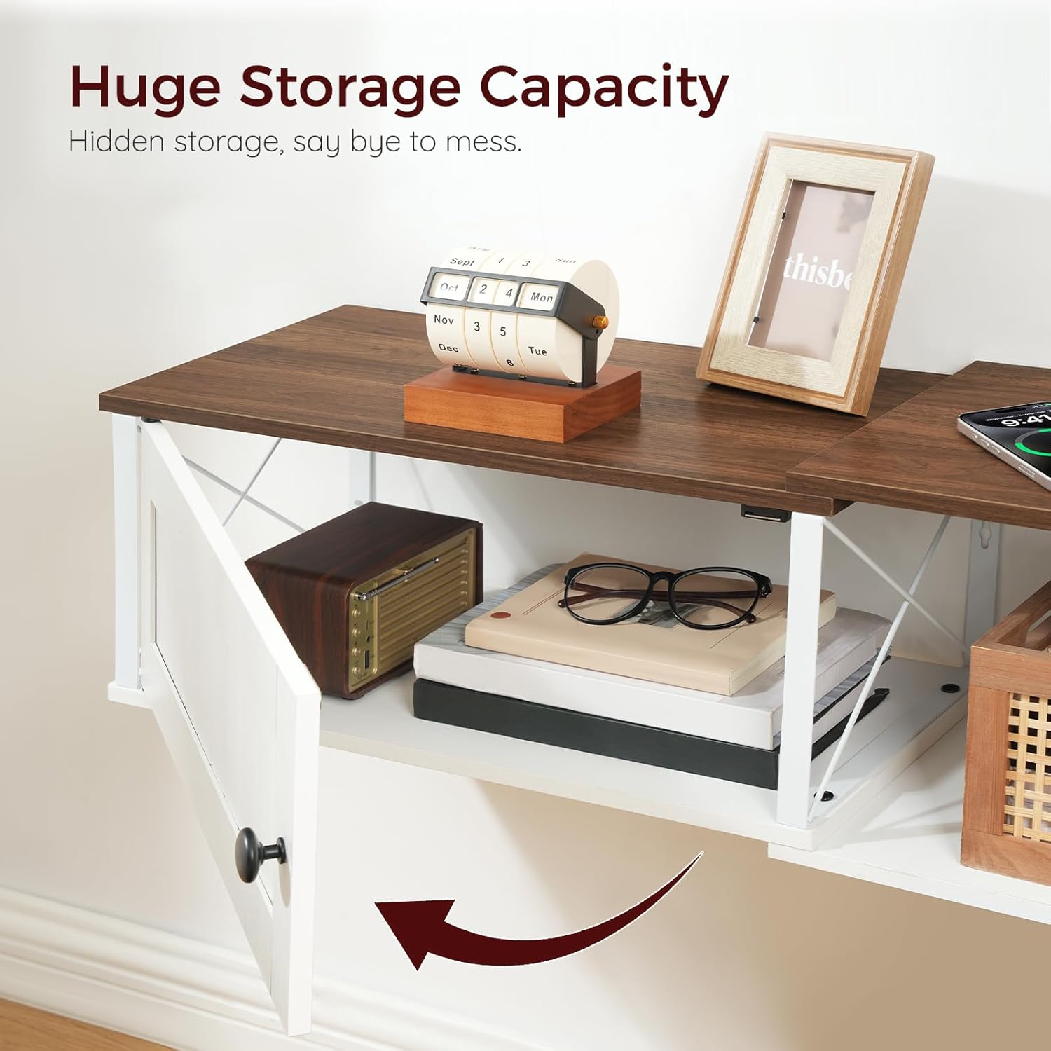 Farmhouse Floating TV Stand with Power Outlet, Wall Mounted Entertainment Center with Doors, Media Console Cabinet with Storage, for Living Room, Bedroom, White and Walnut TVBZ401E01 - Image 5